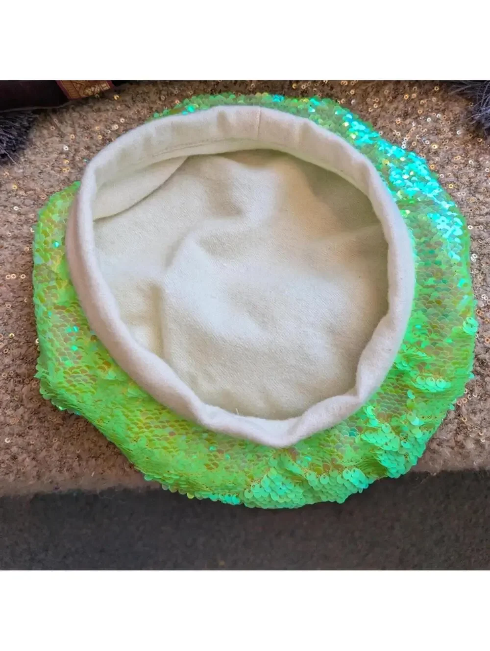Neon Green Flip Sequin Beret Lined in Wool